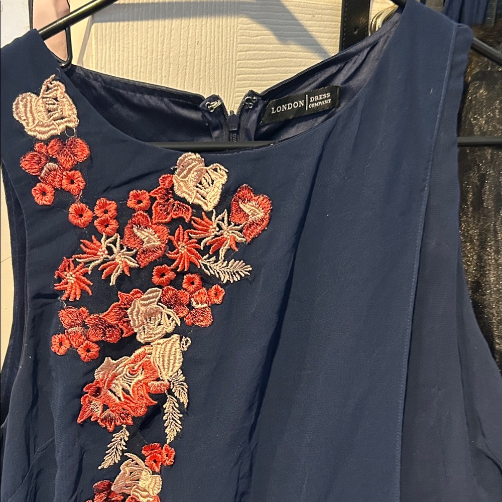 London Times Navy Dress with Red and Cream Embroidery